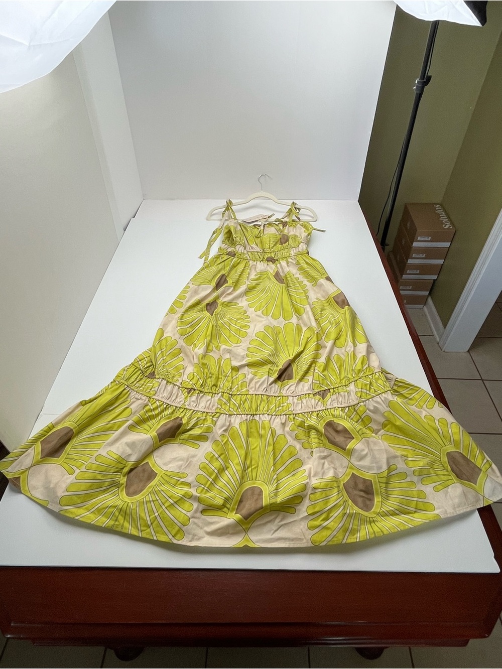 Sofia Fiorella Tie Shoulder Maxi Dress Pistachio Green Floral Sundress XS NEW